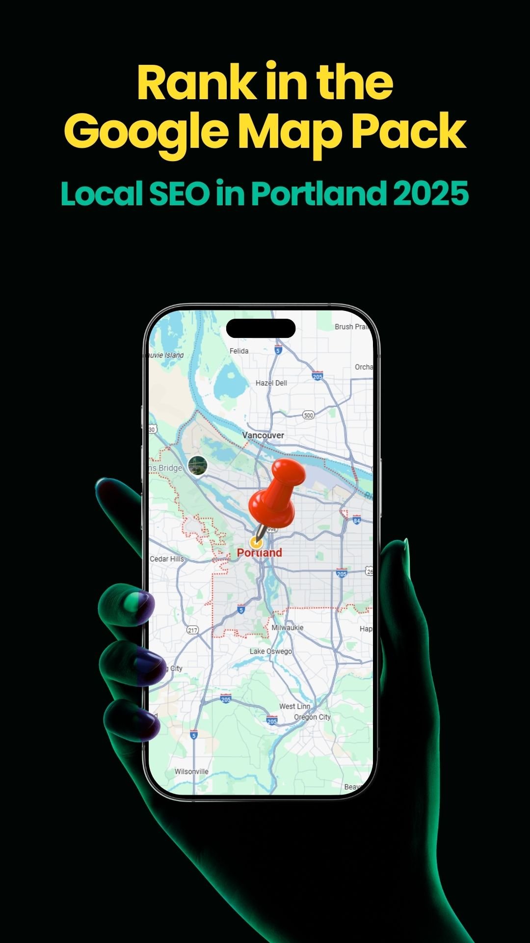 Smartphone showing Portland map with pin – Local SEO 2025 strategies for ranking in Google Map Pack